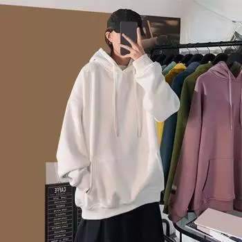 Мужская толстовка с капюшоном на осень-зиму с большим передним карманом, однотонная, с длинными рукавами и завязками M чёрный