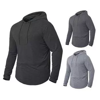 Мужская толстовка с капюшоном на весну и осень, однотонный пуловер с длинными рукавами, эластичный тонкий повседневный мужской повседневный топ с капюшоном средней длины M темно-серого