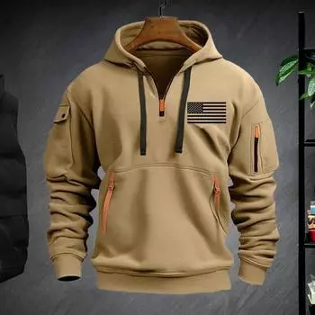 Мужская толстовка с капюшоном на весну и осень для фитнеса с декором на молнии, с плюшевой подкладкой, с капюшоном и несколькими карманами, плотная M темно-серого