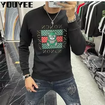 Мужская толстовка с капюшоном осень-зима с принтом медведя и стразами, тонкая толстовка Flim 2022, новый повседневный дизайн, пуловер, топы S