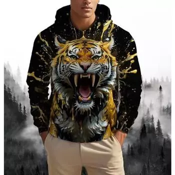 Мужская толстовка с капюшоном, повседневная мода, тигр, свирепый зверь, толстовка с капюшоном, 3D-дизайн, мужской длинный рукав, подарок на Новый год S
