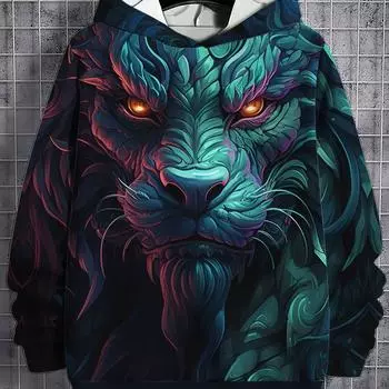 Мужская толстовка с капюшоном с 3D-принтом, топы с изображением животных, тигра, льва, с длинным рукавом, осенняя мода, мужской топ с драконом, свободный уличный стиль L