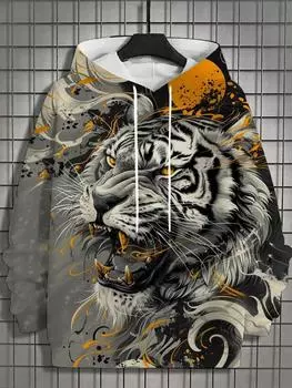 Мужская толстовка с капюшоном с 3D-принтом, топы с изображением животных, тигра, льва, с длинным рукавом, осенняя мода, мужской топ с драконом, свободный уличный стиль L