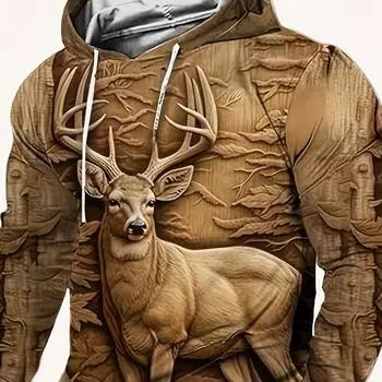 Мужская толстовка с капюшоном с 3D-принтом в виде лося — повседневный пуловер с капюшоном для комфорта и стиля S