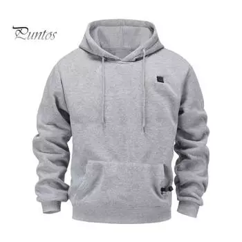 Мужская толстовка с капюшоном с подогревом, зарядка через USB, большой размер, 3 уровня регулировки температуры, зимний топ с завязкой и капюшоном, толстый теплый однотонный топ M чёрный