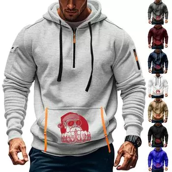 Мужская толстовка с капюшоном с принтом, кардиган на молнии с карманом на рукаве, мужская спортивная повседневная толстовка большого размера L чёрный