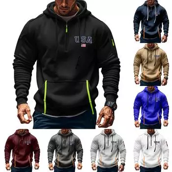 Мужская толстовка с капюшоном с принтом, кардиган на молнии с карманом на рукаве, мужская спортивная повседневная толстовка большого размера L чёрный