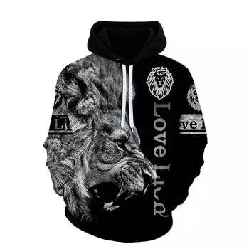 Мужская толстовка с капюшоном с принтом «Лев и король» для мужчин M чёрный