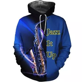 Мужская толстовка с капюшоном с принтом саксофона в виде музыкальных инструментов с 3D-принтом, модные длинные рукава, пуловеры с рисунком саксофона, повседневные толстовки с длинным рукавом S