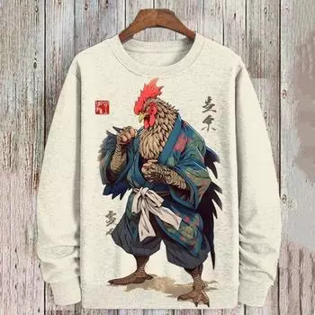 Мужская толстовка с капюшоном с рисунком цыпленка кунг-фу в стиле ретро с 3D-принтом, осенняя уличная свободная толстовка с длинным рукавом и круглым вырезом S
