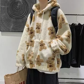 Мужская толстовка с капюшоном с рисунком маленького медведя, зимняя теплая плюшевая милая кофта в винтажном корейском стиле, свободная толстовка S чёрный