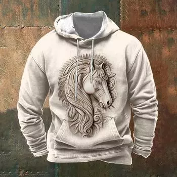 Мужская толстовка с капюшоном с тиснением в стиле вестерн и принтом лошади, осенняя одежда с длинным рукавом, модная уличная одежда с капюшоном больших размеров, повседневный пуловер M