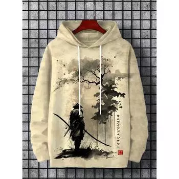 Мужская толстовка с капюшоном Samurai Print Y2k, толстовка Harajuku с капюшоном, повседневный свободный спортивный топ с длинным рукавом, мужская одежда S