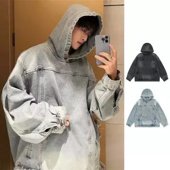 Мужская толстовка с капюшоном, свободный сплошной цвет, карманы, длинный рукав, повседневный пуловер средней длины, хип-хоп, ретро, мытый мужской топ на весну и осень M синий