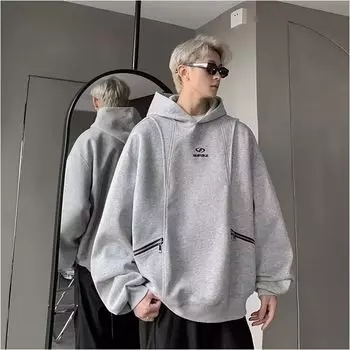 Мужская толстовка с капюшоном в американском стиле, винтажная, осенне-зимняя, теплая, толстая, черная, серая, Y2K, топы с молнией M чёрный