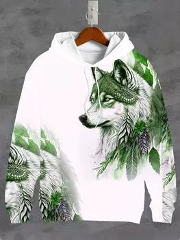 Мужская толстовка с капюшоном в стиле ретро с рисунком волка и перьев, с завязками и карманом-кенгуру, спортивная толстовка с капюшоном на осень S