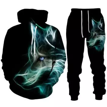 Мужская толстовка с капюшоном в виде волка с принтом в виде животного, 3D-костюм с капюшоном, мужская повседневная толстовка, спортивные штаны, мужской спортивный костюм, модный мужской костюм S