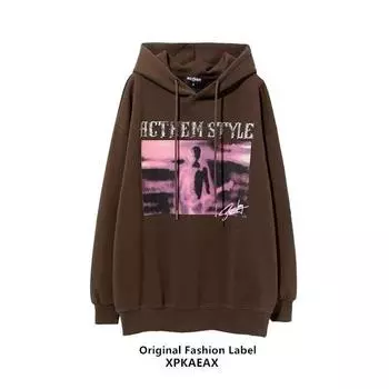 Мужская толстовка с капюшоном весной и осенью, свободная и модная универсальная куртка с буквенным принтом, мужская толстовка с длинными рукавами, повседневный топ M чёрный