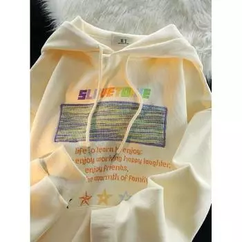 Мужская толстовка с капюшоном весной и осенью, свободная и модная универсальная куртка с буквенным принтом, мужская толстовка с длинными рукавами, повседневный топ M абрикосовый