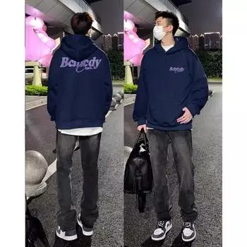 Мужская толстовка с капюшоном весной и осенью, свободная и модная универсальная куртка с буквенным принтом, мужская толстовка с длинными рукавами, повседневный топ M чёрный