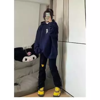 Мужская толстовка с капюшоном весной и осенью, свободная и модная универсальная куртка с буквенным принтом, мужская толстовка с длинными рукавами, повседневный топ M темно-синий