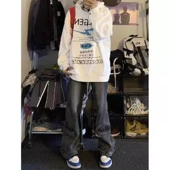 Мужская толстовка с капюшоном весной и осенью, свободная и модная универсальная куртка с буквенным принтом, мужская толстовка с длинными рукавами, повседневный топ M чёрный