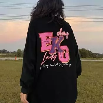 Мужская толстовка с капюшоном весной и осенью, свободная и модная универсальная куртка с буквенным принтом, мужская толстовка с длинными рукавами, повседневный топ M чёрный