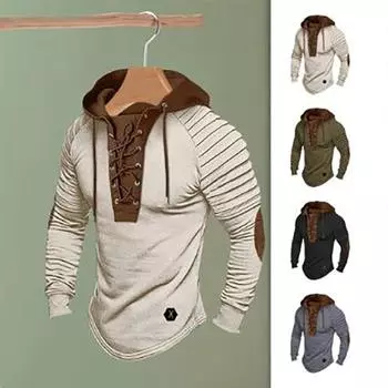 Мужская толстовка с капюшоном, винтажная, со шнуровкой, мужская толстовка с капюшоном и плиссированными плечами, мягкая, эластичная, дышащая, повседневная футболка XXXL чёрный