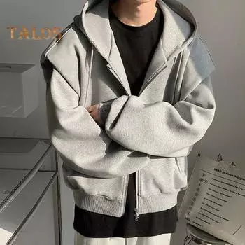 Мужская толстовка с капюшоном, завязками на шнурке, длинными рукавами, застежкой-молнией, спортивное пальто с карманами, однотонная свободная посадка, повседневная верхняя одежда M чёрный