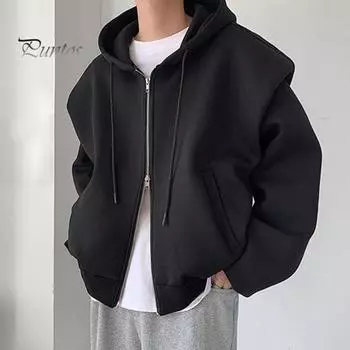 Мужская толстовка с капюшоном, завязками на шнурке, длинными рукавами, застежкой-молнией, спортивное пальто с карманами, однотонная свободная посадка, повседневная верхняя одежда M чёрный