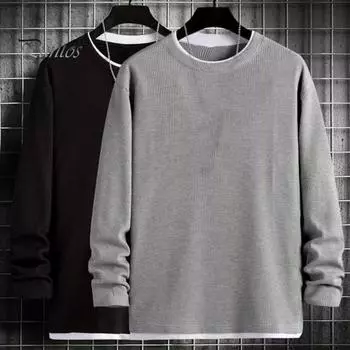 Мужская толстовка с круглым вырезом и длинным рукавом, пэчворк, цветная поддельная двухкомпонентная кофта, топы с вафельной текстурой, свободный крой, повседневные топы XL серый