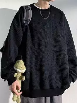 Мужская толстовка с круглым вырезом и вафельным узором — модный свободный крой с длинными рукавами для весны и осени XL чёрный