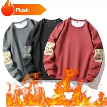 Мужская толстовка с круглым вырезом из плюша с вышивкой, спортивная свободная кофта-пуловер, модные повседневные толстовки с капюшоном M чёрный