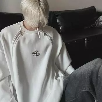 Мужская толстовка с круглым вырезом на молнии - коллекция Весна/Осень 2023, свободный пуловер с длинными рукавами. M белый