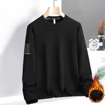 Мужская толстовка с круглым вырезом, теплые толстовки на подкладке из шерпы, нижнее белье с длинными рукавами, топы, зимний флисовый пуловер больших размеров для мужчин, однотонные толстые футболки L чёрный