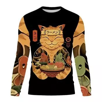 Мужская толстовка с круглым вырезом в японском стиле с 3D-принтом кота, повседневная, с длинными рукавами, свободный свитер, трендовая уличная мужская одежда, топы S