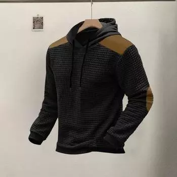 Мужская толстовка с нашивкой, дизайн на шнурке с капюшоном и длинным рукавом, пуловер с вафельной текстурой, эластичные манжеты, одинаковый по цвету мужской топ средней длины L светло-серый