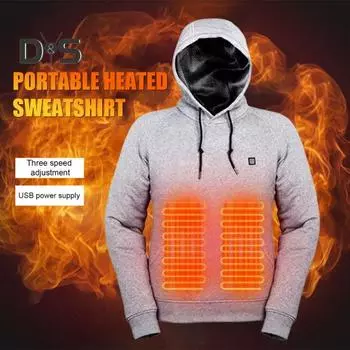 Мужская толстовка с подогревом и 3 уровнями нагрева, USB-подогрев, большой передний карман, регулируемые настройки температуры, ребристые манжеты, длинный рукав, электрический подогрев S серый