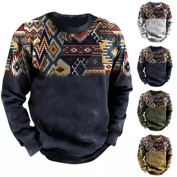 Мужская толстовка с принтом на открытом воздухе, свободная с длинными рукавами и этническим принтом L