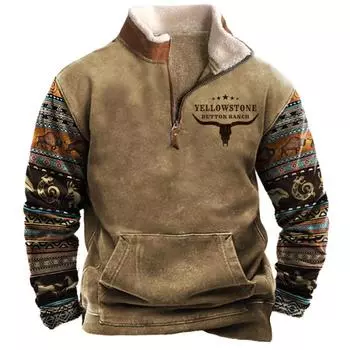 Мужская толстовка с принтом в стиле ретро, желтого камня, с цветными блоками, на молнии, воротником-стойкой, для отдыха на природе, на осень и зиму S