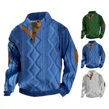 Мужская толстовка с воротником-стойкой на пуговицах, с длинными рукавами, свободная, теплая, зимняя L синий