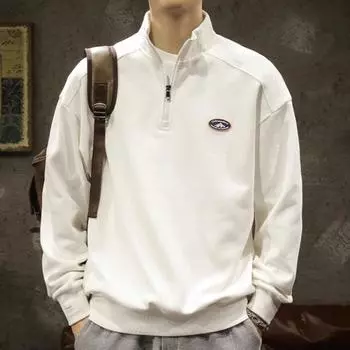 Мужская толстовка с застежкой-молнией на половину длины, эластичные манжеты, длинные рукава, воротник-стойка, свободная, однотонная, повседневная, школьная, средней длины, топ M чёрный