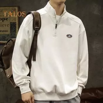 Мужская толстовка с застежкой-молнией на половину длины, эластичные манжеты, длинные рукава, воротник-стойка, свободная, однотонная, повседневная, школьная, средней длины, топ M чёрный