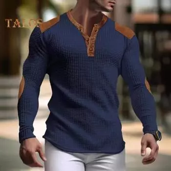 Мужская толстовка в стиле пэчворк в стиле ретро с V-образным вырезом и пуговицами с вафельной текстурой, пуловер с цветными блоками, облегающий повседневный спортивный топ для отдыха M белый