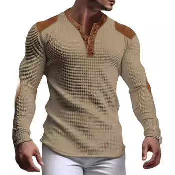 Мужская толстовка в стиле пэчворк в стиле ретро с V-образным вырезом и пуговицами с вафельной текстурой, пуловер с цветными блоками, облегающий повседневный спортивный топ для отдыха M темно-синий