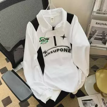 Мужская толстовка в стиле ретро с контрастным воротником-поло — повседневная, свободного кроя на весну и осень L чёрный