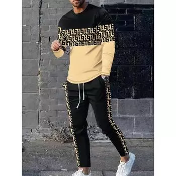 Мужская толстовка весна-осень 2 Нейтральная 3D-печатная простая полосатая толстовка с круглым вырезом и штаны Модный повседневный спортивный костюм M