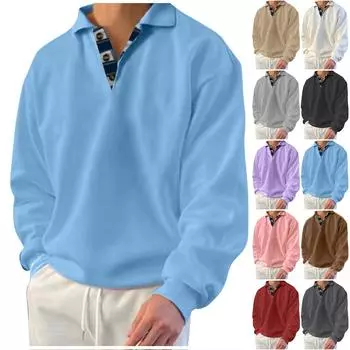 Мужская толстовка Зимняя толстовка Однотонная свободная футболка с длинным рукавом и лацканами XXXL хаки