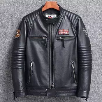 Мужская тонкая байкерская куртка Make Old из натуральной яловой кожи с воротником-стойкой и верхним слоем S