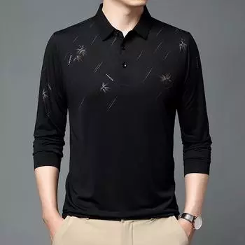 Мужская тонкая футболка, осенняя новая мужская футболка с длинными рукавами и отворотами с принтом, топ для папы среднего возраста M